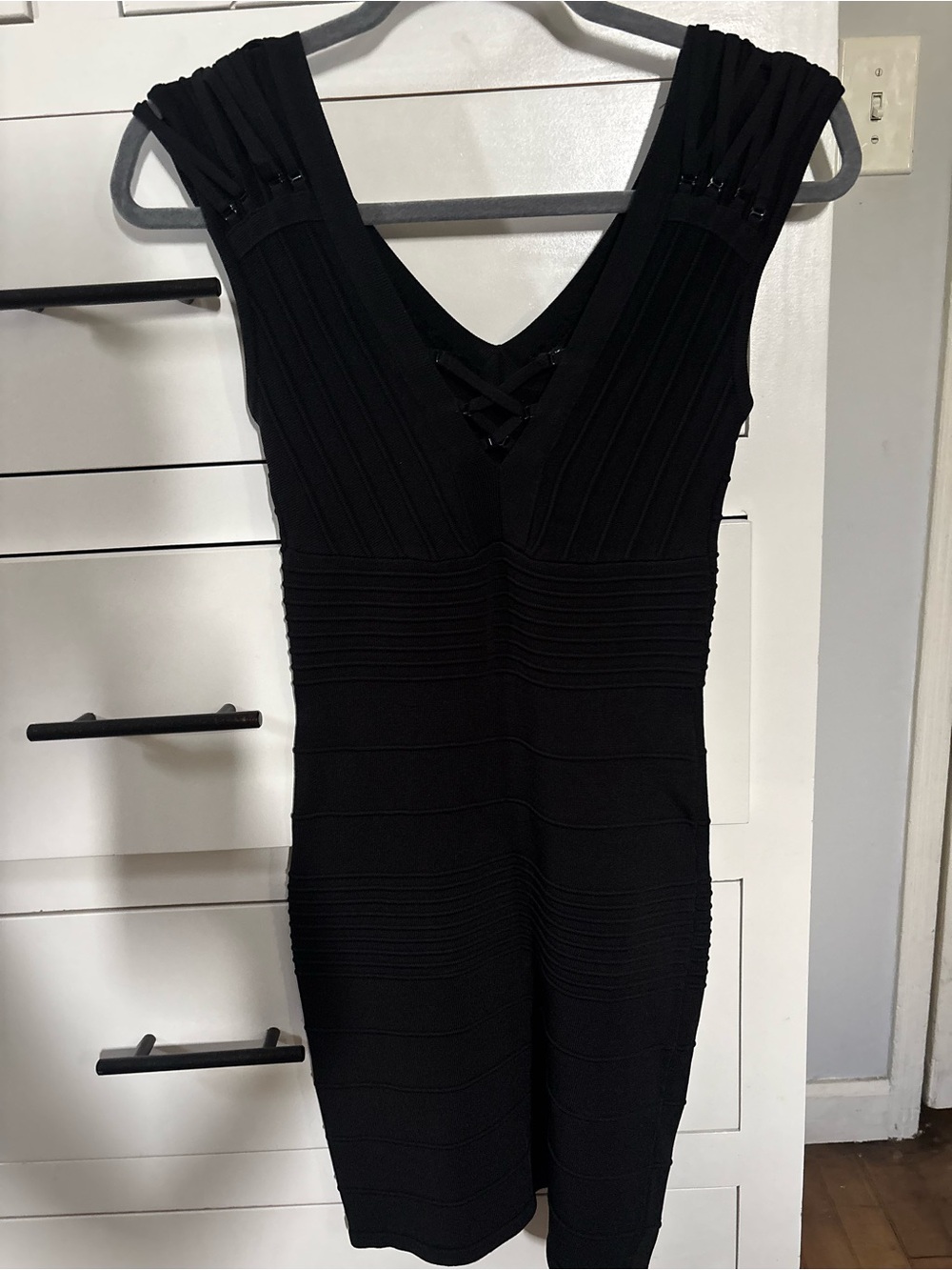 bebe Black V-Neck Bandage Bodycon Dress
